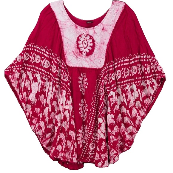 Jackpot Kaftan Womens One Size Red & White Batik Batwing Sleeve Embroidered Boho - Picture 1 of 10
